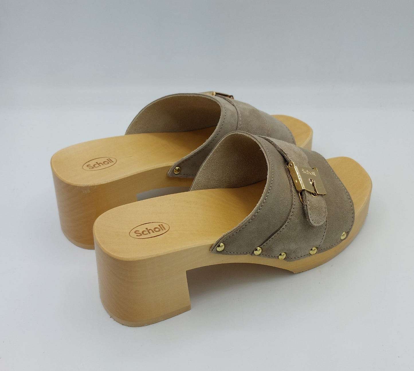 Scholl zoccolo aperto in legno e camoscio