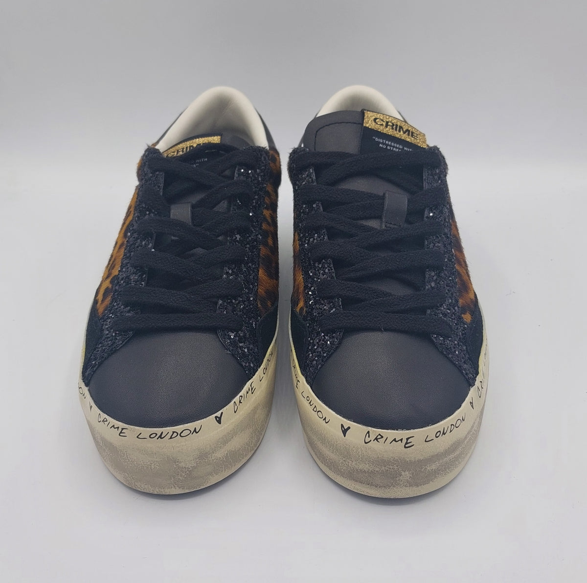 Crime sneakers donna pelle nera in fantasia maculata e glitter neri
