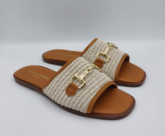 Cantini ciabatta in raffia panna con morsetto oro