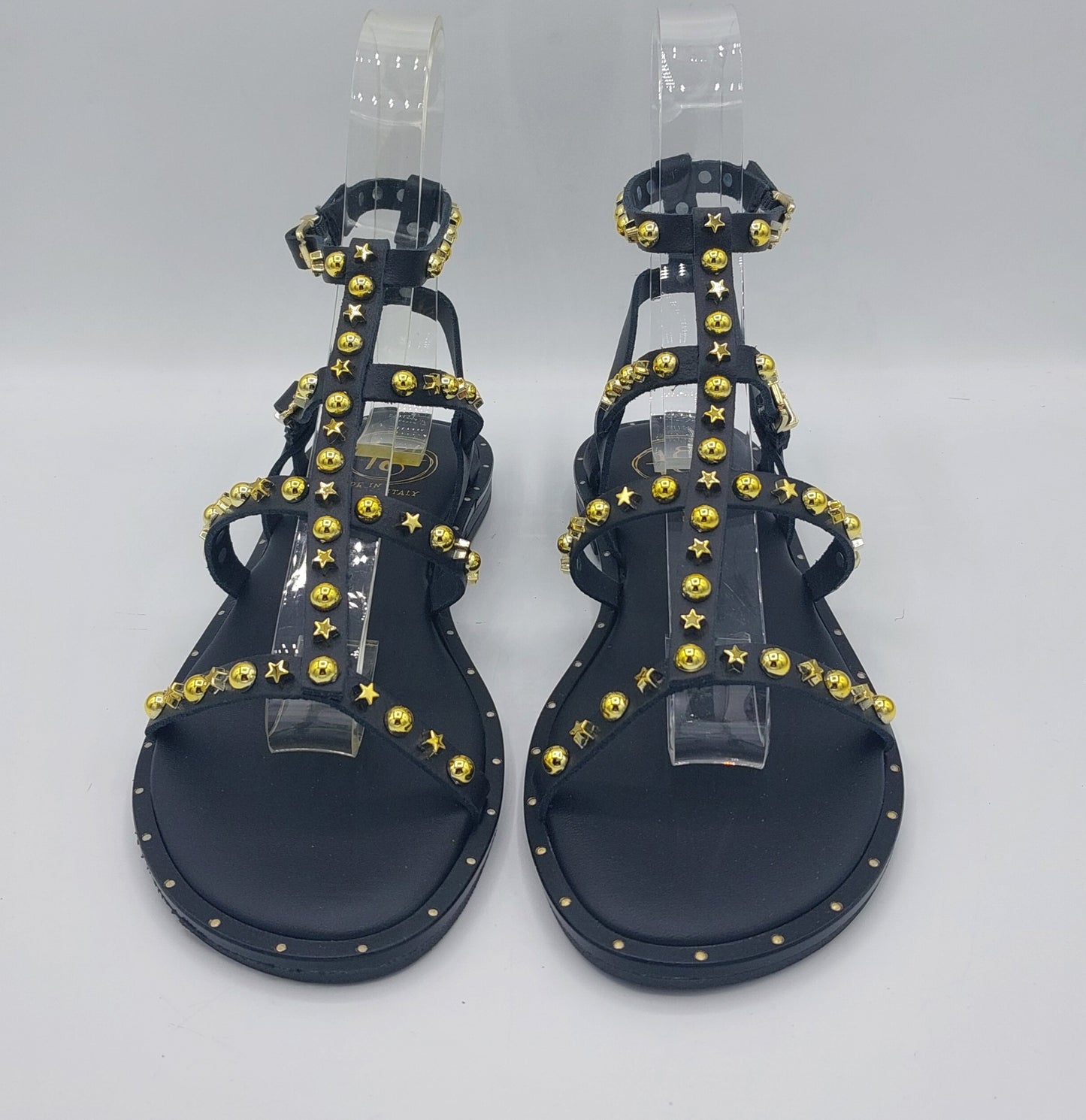18+ sandalo nero gabbia alla schiava con borchie oro
