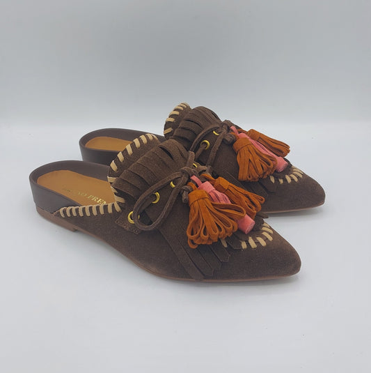 Bruno Premi sabot in camoscio marrone con nappole arancio