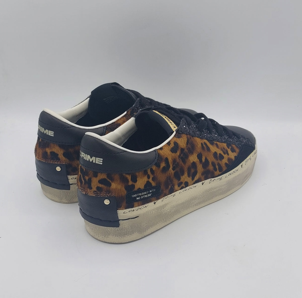 Crime sneakers donna pelle nera in fantasia maculata e glitter neri