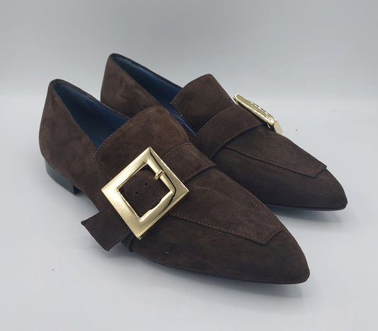 Silvia rossini mocassino in camoscio marrone con fibbia oro