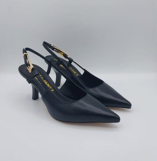 Janet e Janet chanel in pelle nera con fibbia oro