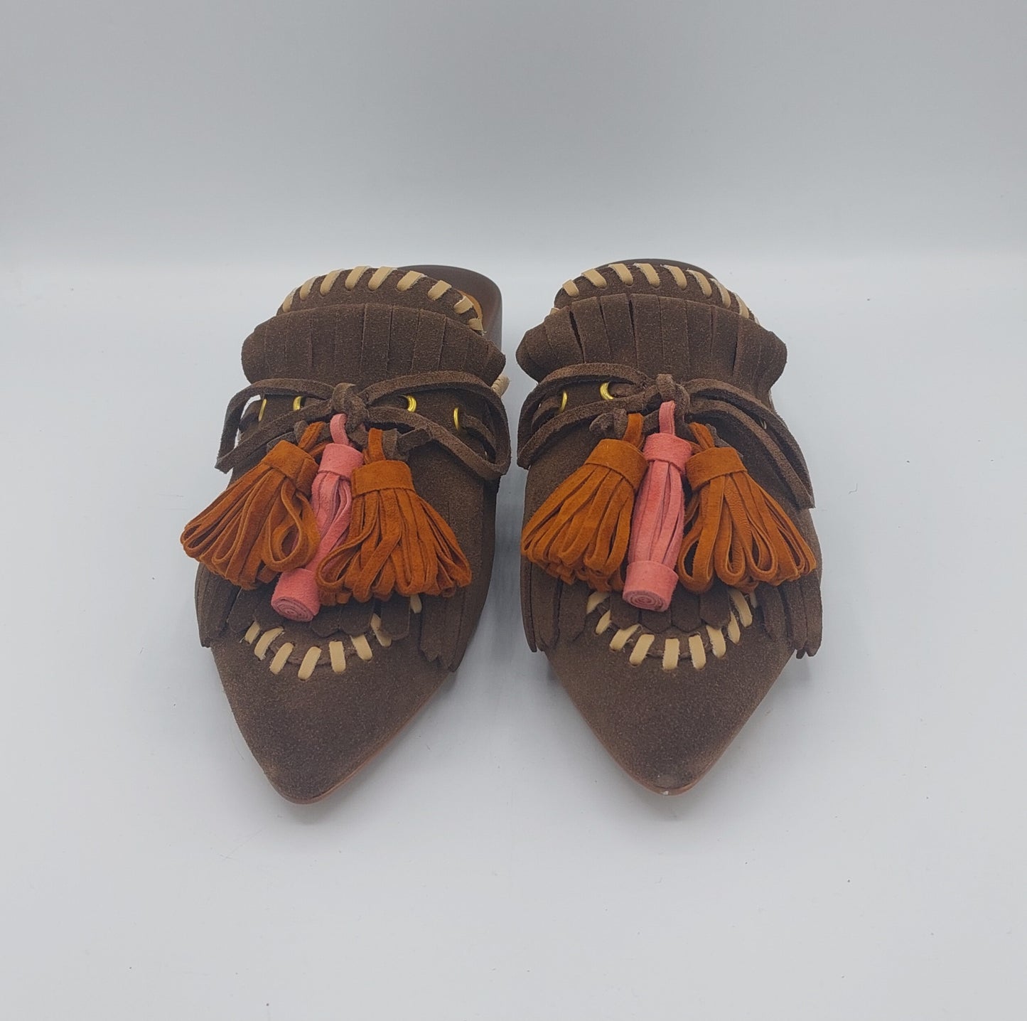 Bruno Premi sabot in camoscio marrone con nappole arancio