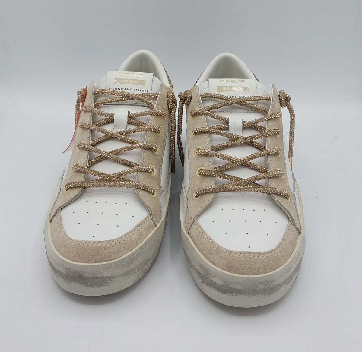 Crime sneakers camoscio beige e pelle con lacci glitter oro