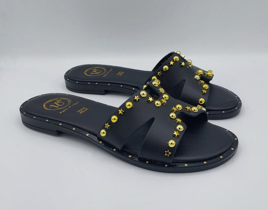 18+ ciabatta in pelle nera con borchie oro