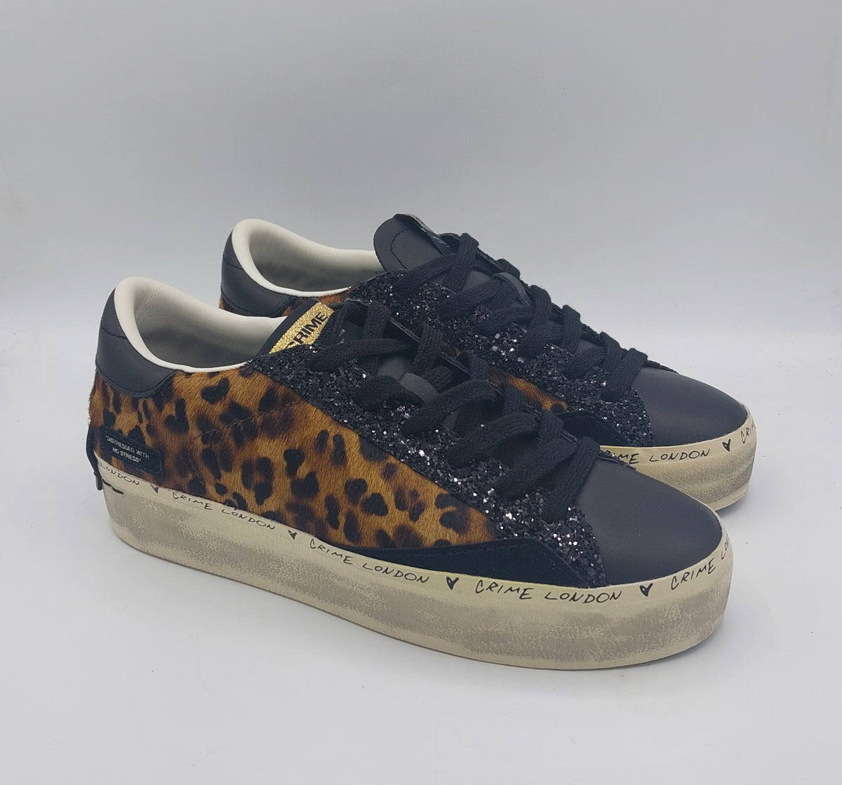 Crime sneakers donna pelle nera in fantasia maculata e glitter neri