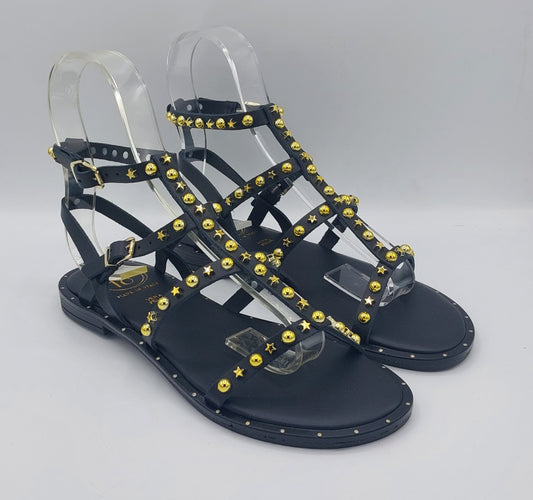 18+  sandalo nero gabbia alla schiava con borchie oro