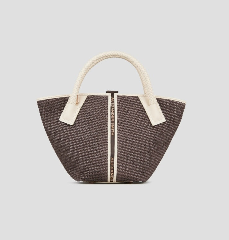Alexander smith borsa raffia marrone con rifiniture panna misura piccola