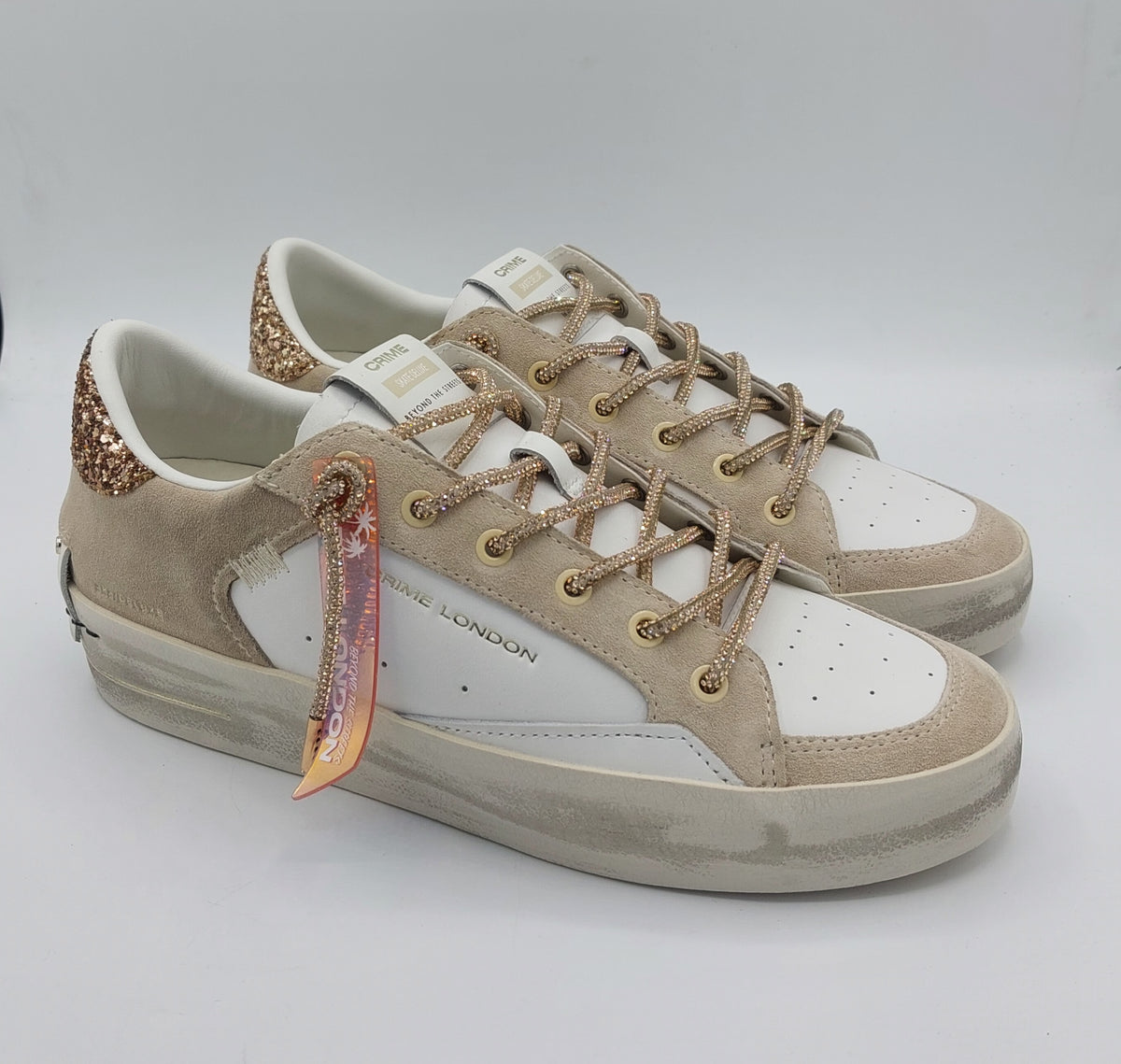 Crime sneakers camoscio beige e pelle con lacci glitter oro