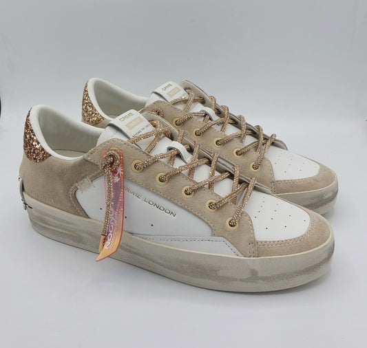 Crime sneakers camoscio beige e pelle con lacci glitter oro